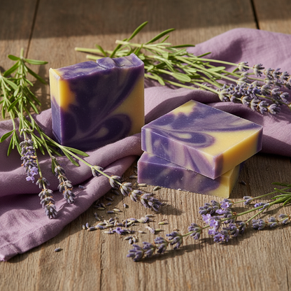Two bars of purple and yellow soap with lavender flowers on a wooden surface