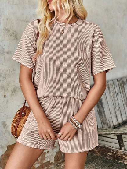 Lovelet Textured Round Neck Short Sleeve Top and Shorts Set - Anne’s Candle Boutique