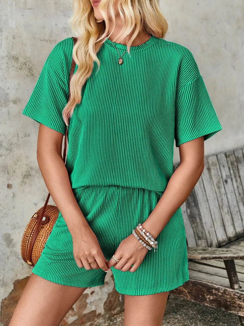 Lovelet Textured Round Neck Short Sleeve Top and Shorts Set - Anne’s Candle Boutique