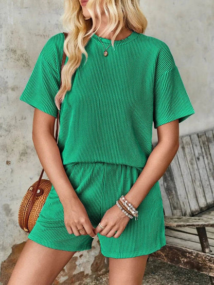 Lovelet Textured Round Neck Short Sleeve Top and Shorts Set - Anne’s Candle Boutique