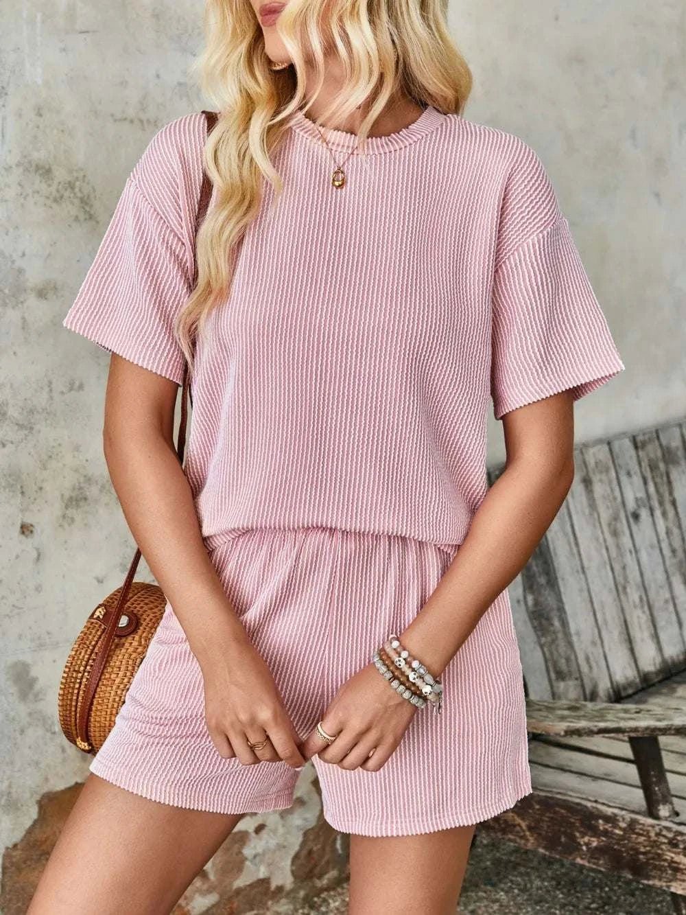 Lovelet Textured Round Neck Short Sleeve Top and Shorts Set - Anne’s Candle Boutique