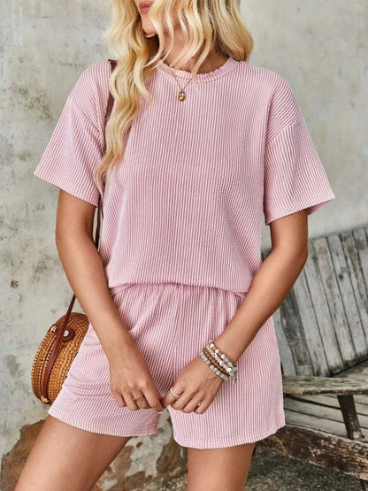 Lovelet Textured Round Neck Short Sleeve Top and Shorts Set - Anne’s Candle Boutique