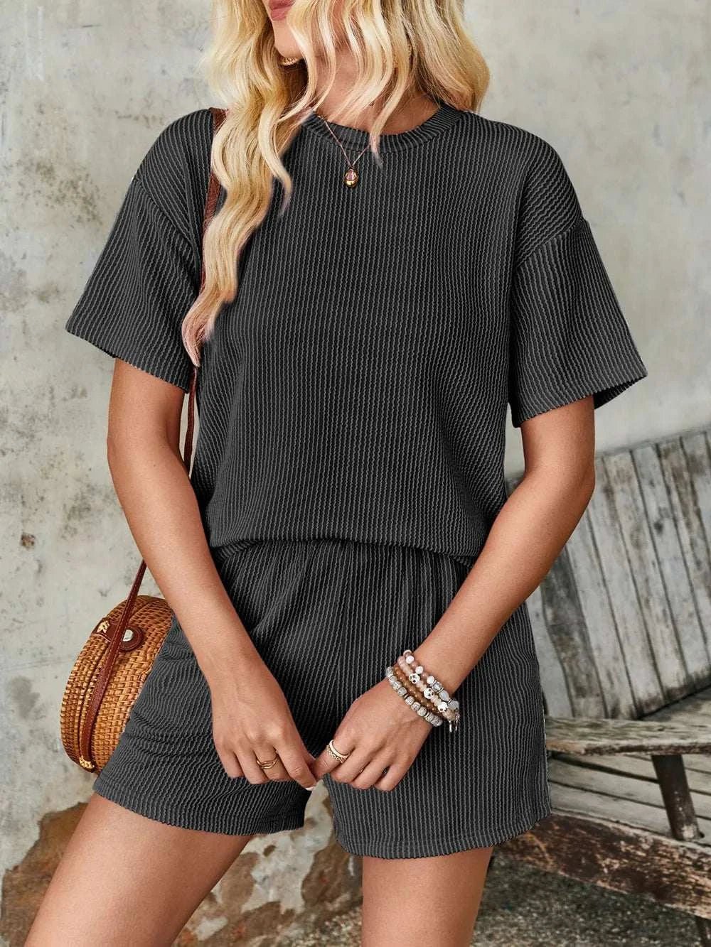 Lovelet Textured Round Neck Short Sleeve Top and Shorts Set - Anne’s Candle Boutique