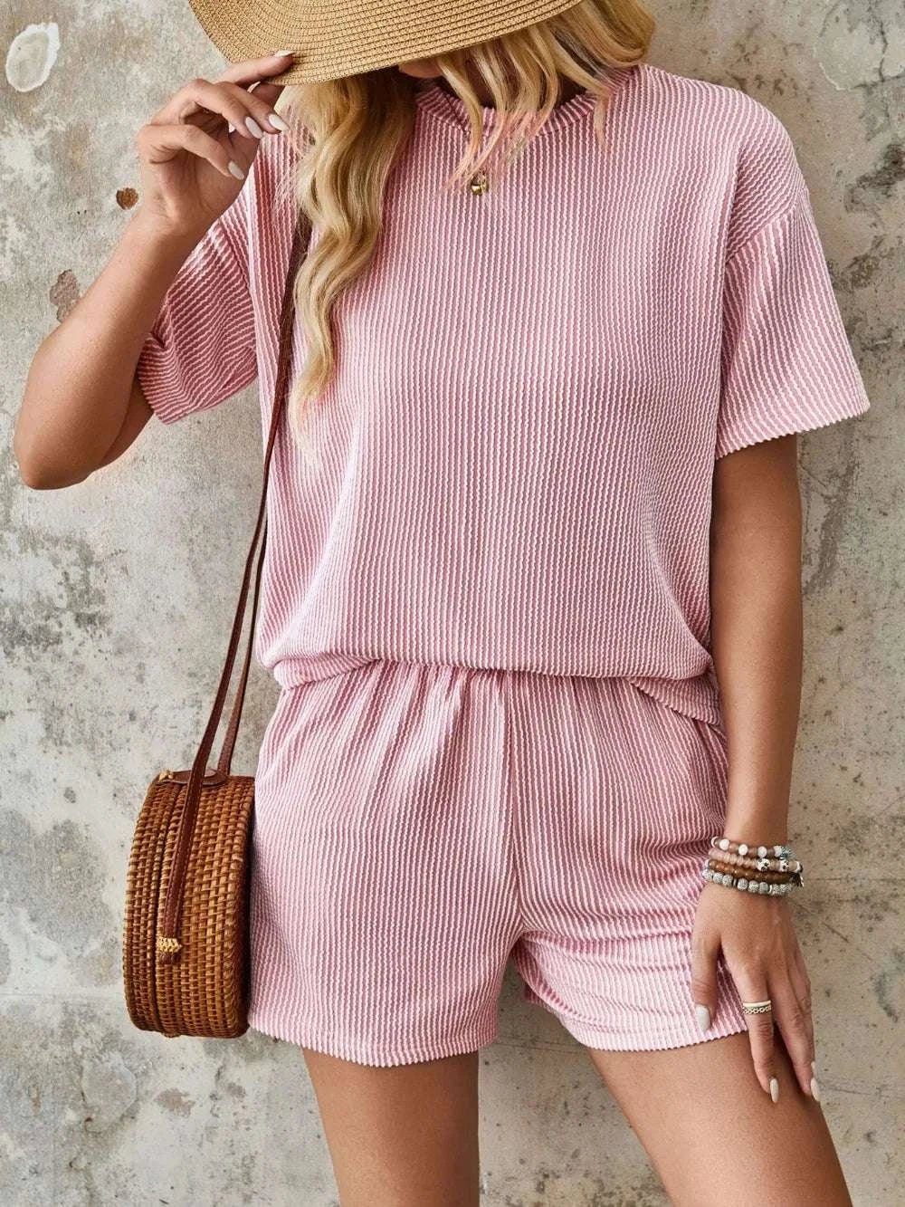 Lovelet Textured Round Neck Short Sleeve Top and Shorts Set - Anne’s Candle Boutique