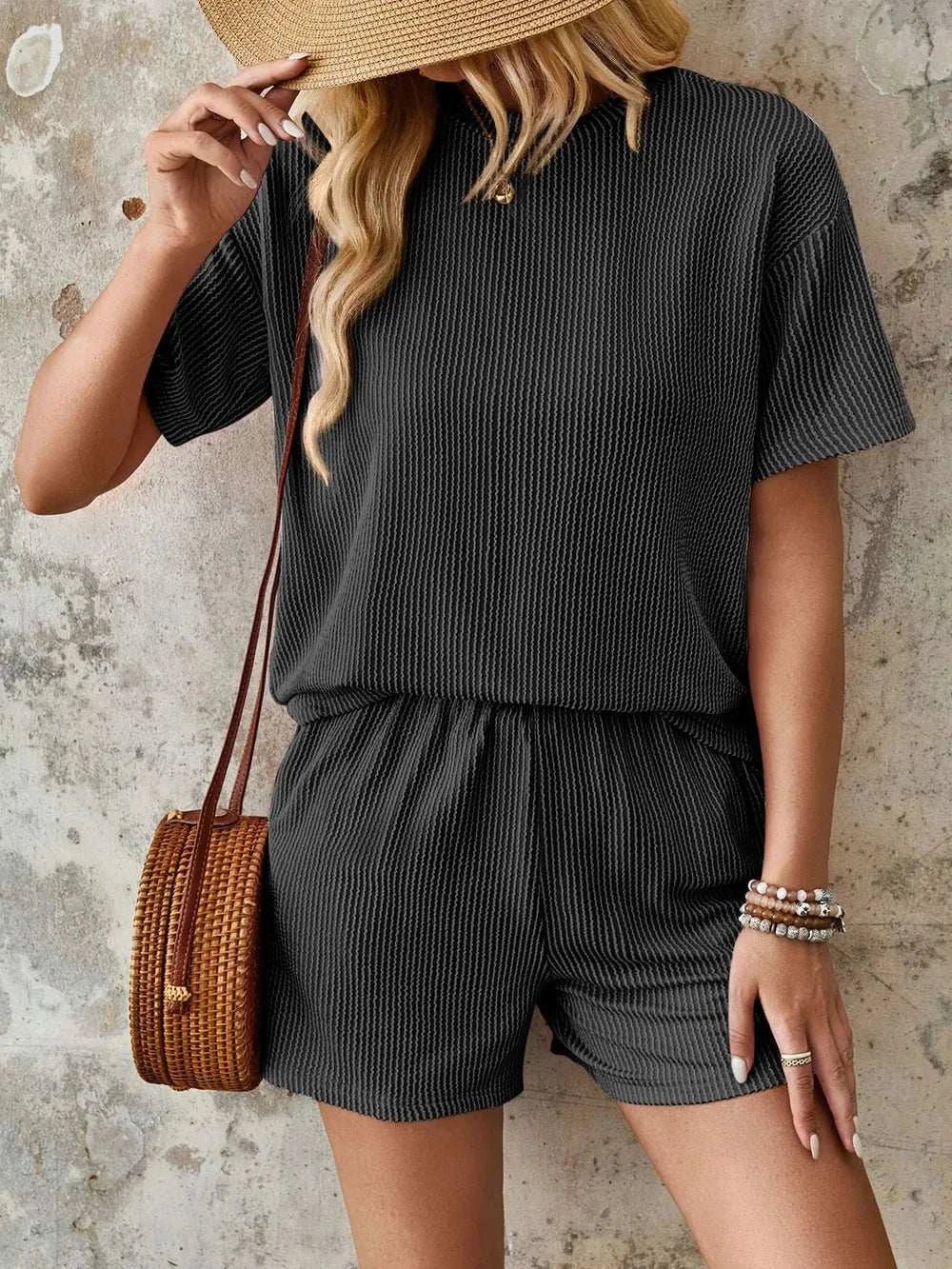 Lovelet Textured Round Neck Short Sleeve Top and Shorts Set - Anne’s Candle Boutique