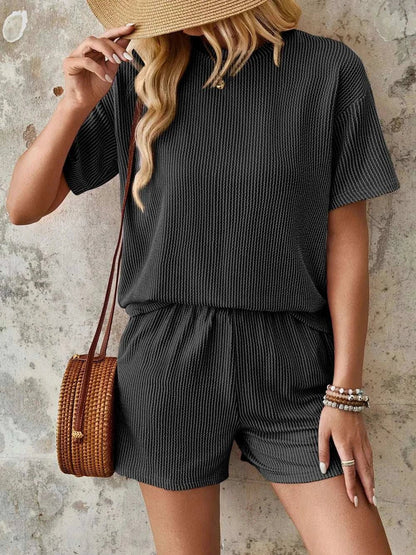 Lovelet Textured Round Neck Short Sleeve Top and Shorts Set - Anne’s Candle Boutique