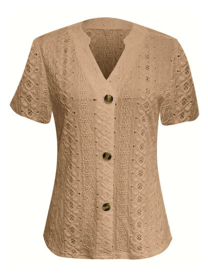 Openwork Notched Short Sleeve Top - Anne’s Candle Boutique