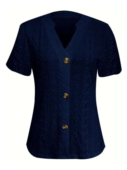 Openwork Notched Short Sleeve Top - Anne’s Candle Boutique