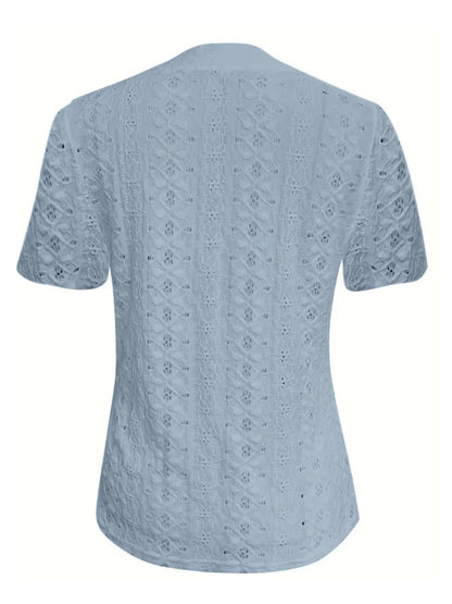 Openwork Notched Short Sleeve Top - Anne’s Candle Boutique