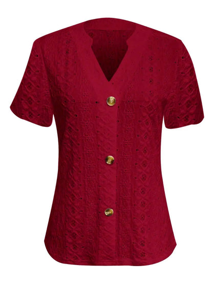 Openwork Notched Short Sleeve Top - Anne’s Candle Boutique