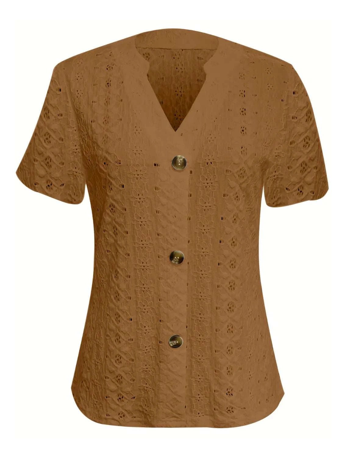 Openwork Notched Short Sleeve Top - Anne’s Candle Boutique