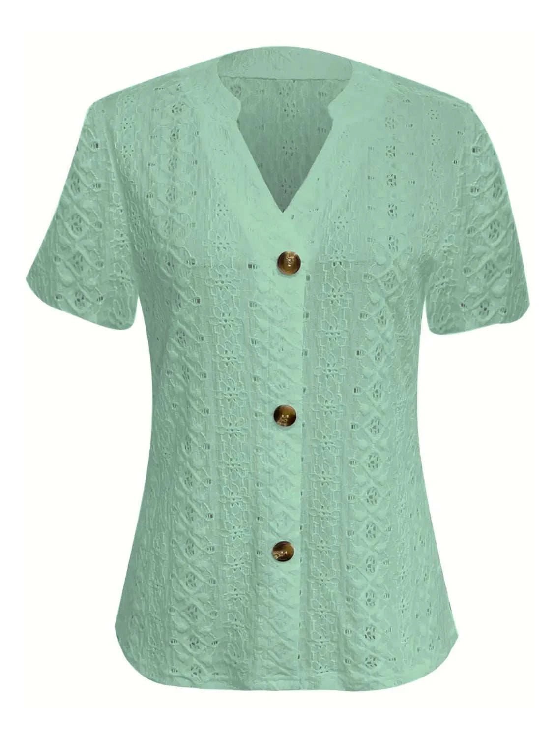 Openwork Notched Short Sleeve Top - Anne’s Candle Boutique