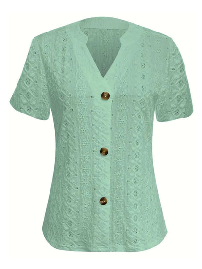 Openwork Notched Short Sleeve Top - Anne’s Candle Boutique