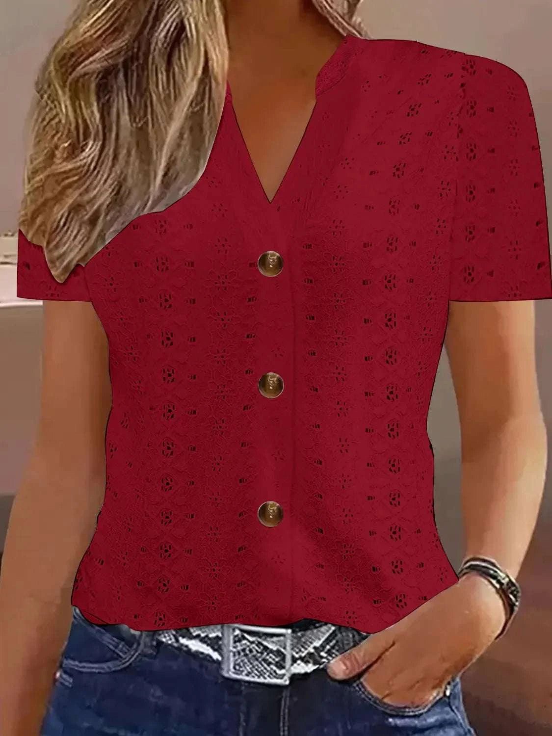 Openwork Notched Short Sleeve Top - Anne’s Candle Boutique