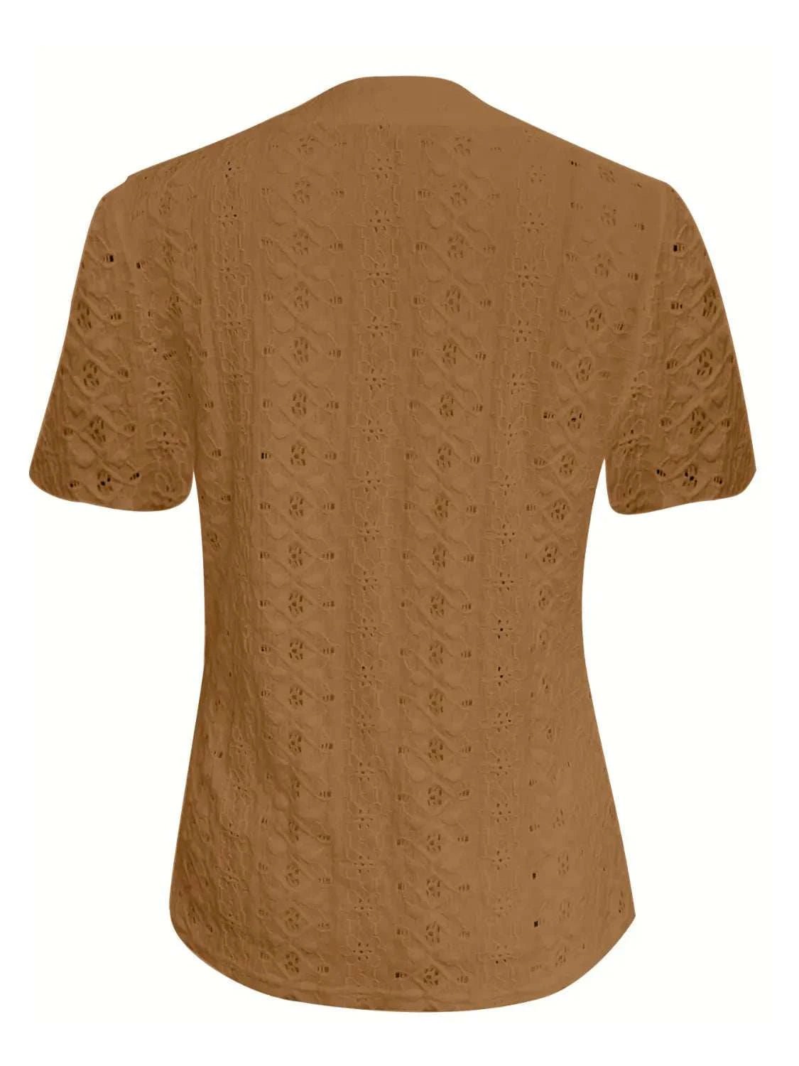 Openwork Notched Short Sleeve Top - Anne’s Candle Boutique