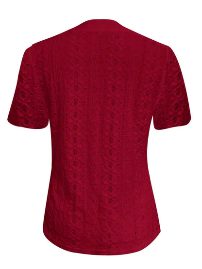 Openwork Notched Short Sleeve Top - Anne’s Candle Boutique