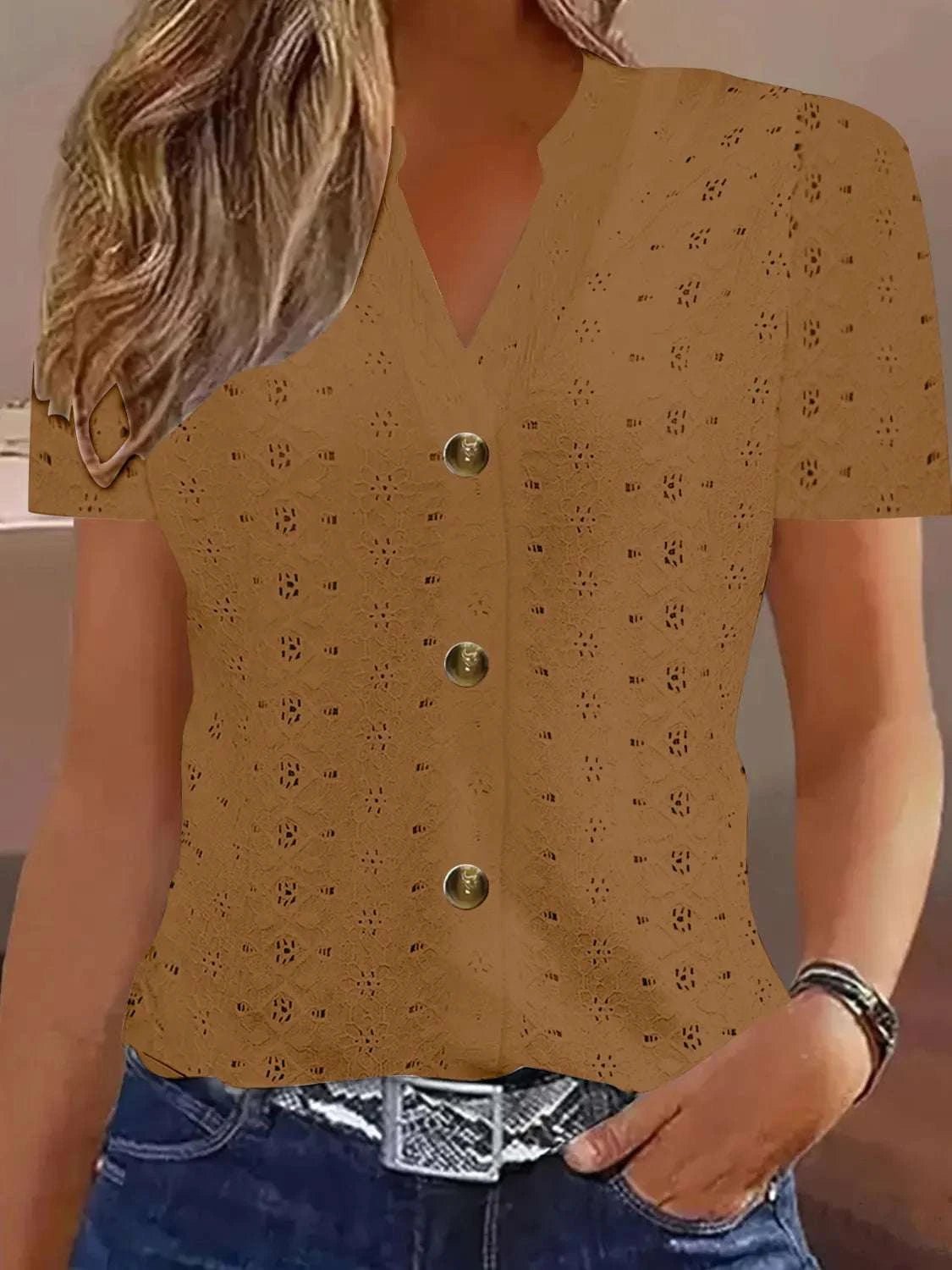 Openwork Notched Short Sleeve Top - Anne’s Candle Boutique