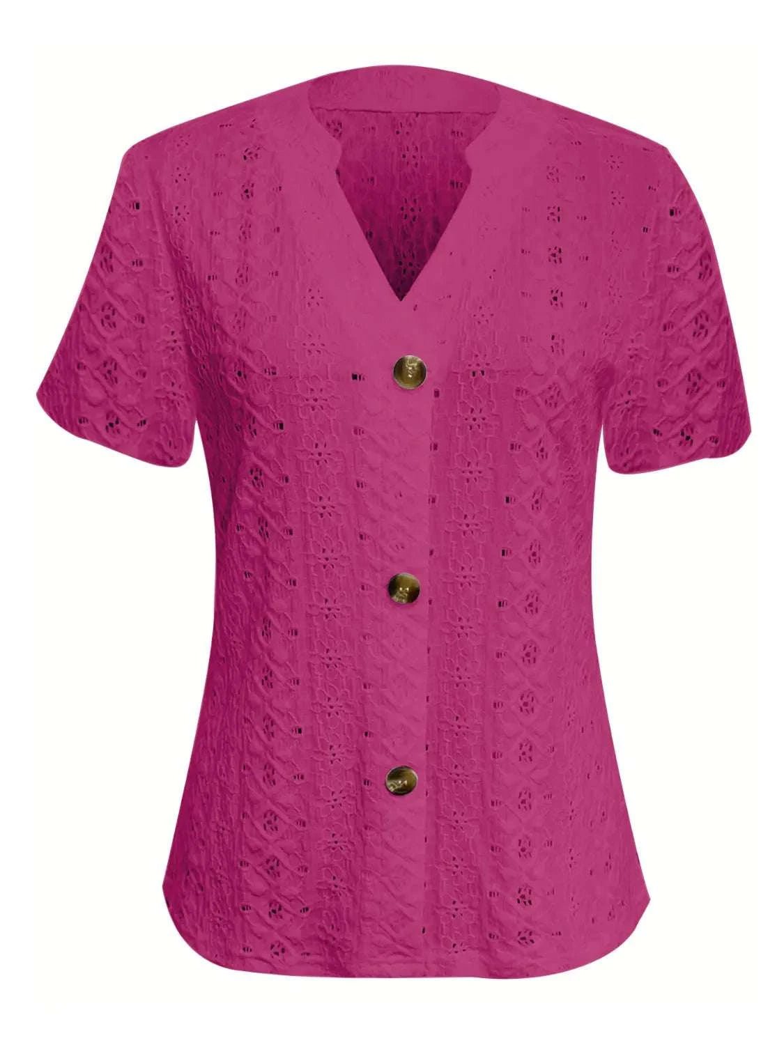 Openwork Notched Short Sleeve Top - Anne’s Candle Boutique