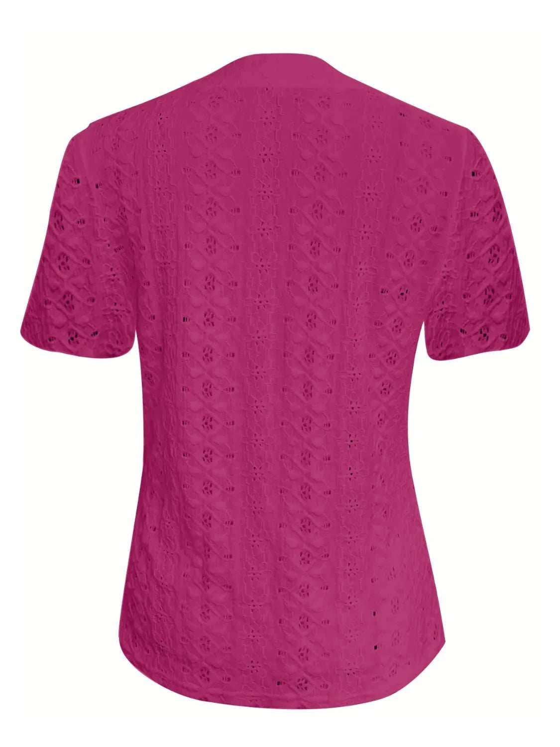 Openwork Notched Short Sleeve Top - Anne’s Candle Boutique