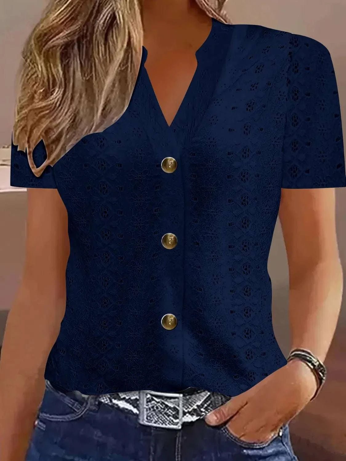 Openwork Notched Short Sleeve Top - Anne’s Candle Boutique