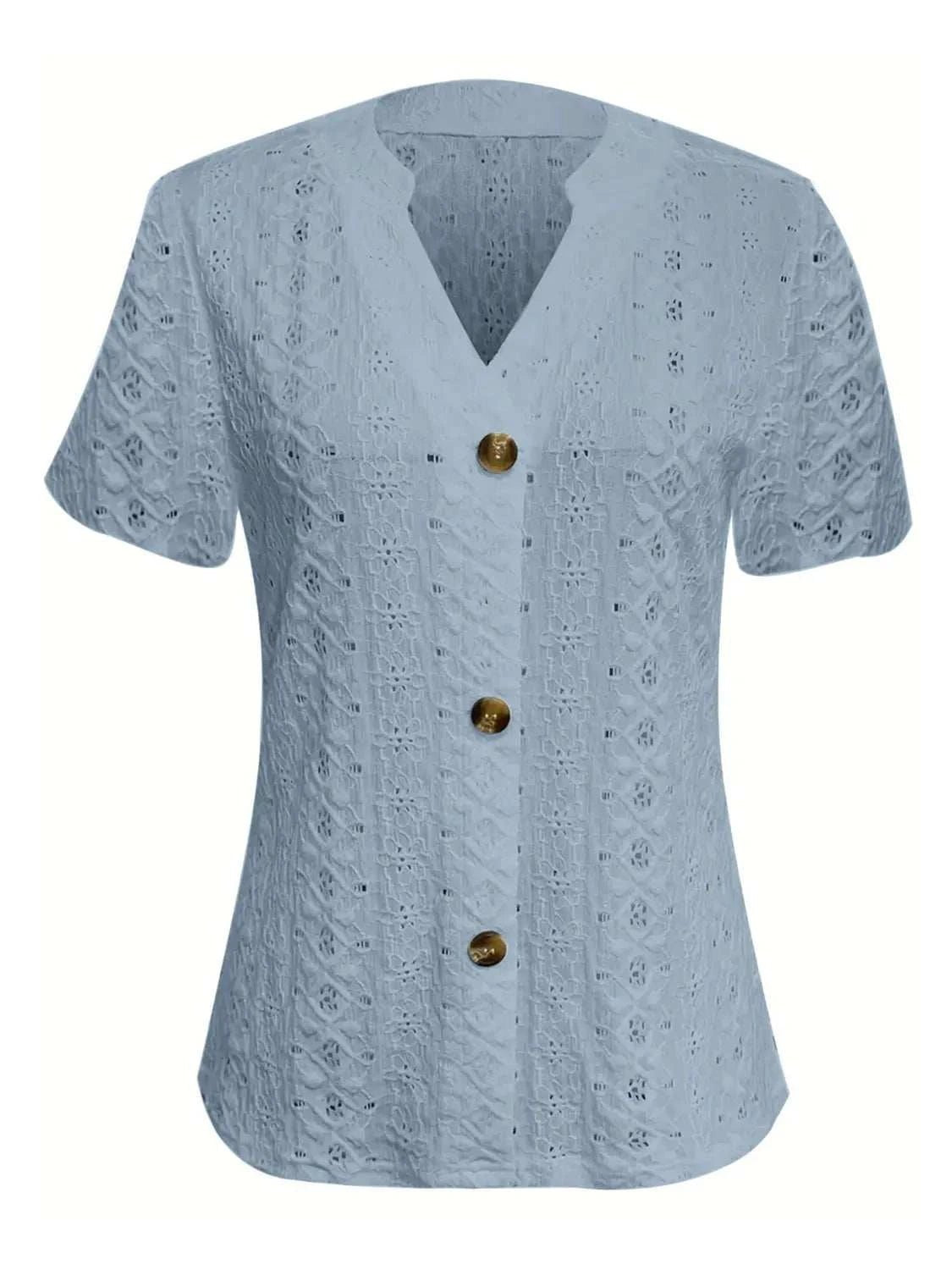 Openwork Notched Short Sleeve Top - Anne’s Candle Boutique