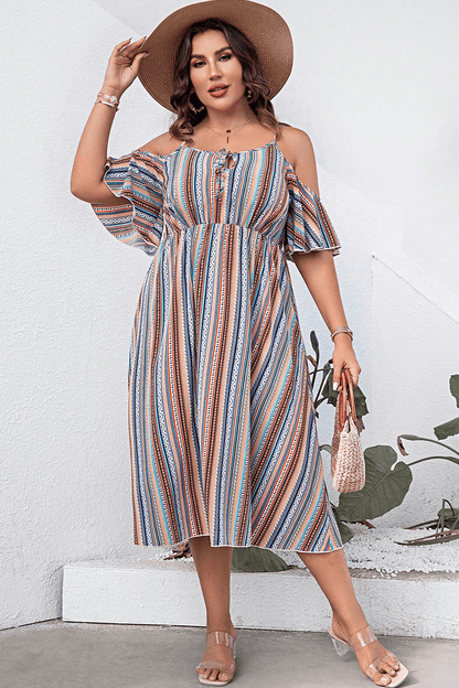 Plus Size Striped Cold - Shoulder Dress - Anne’s Candle Boutique