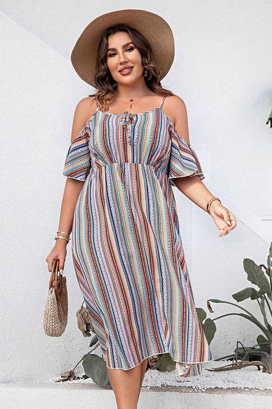 Plus Size Striped Cold - Shoulder Dress - Anne’s Candle Boutique