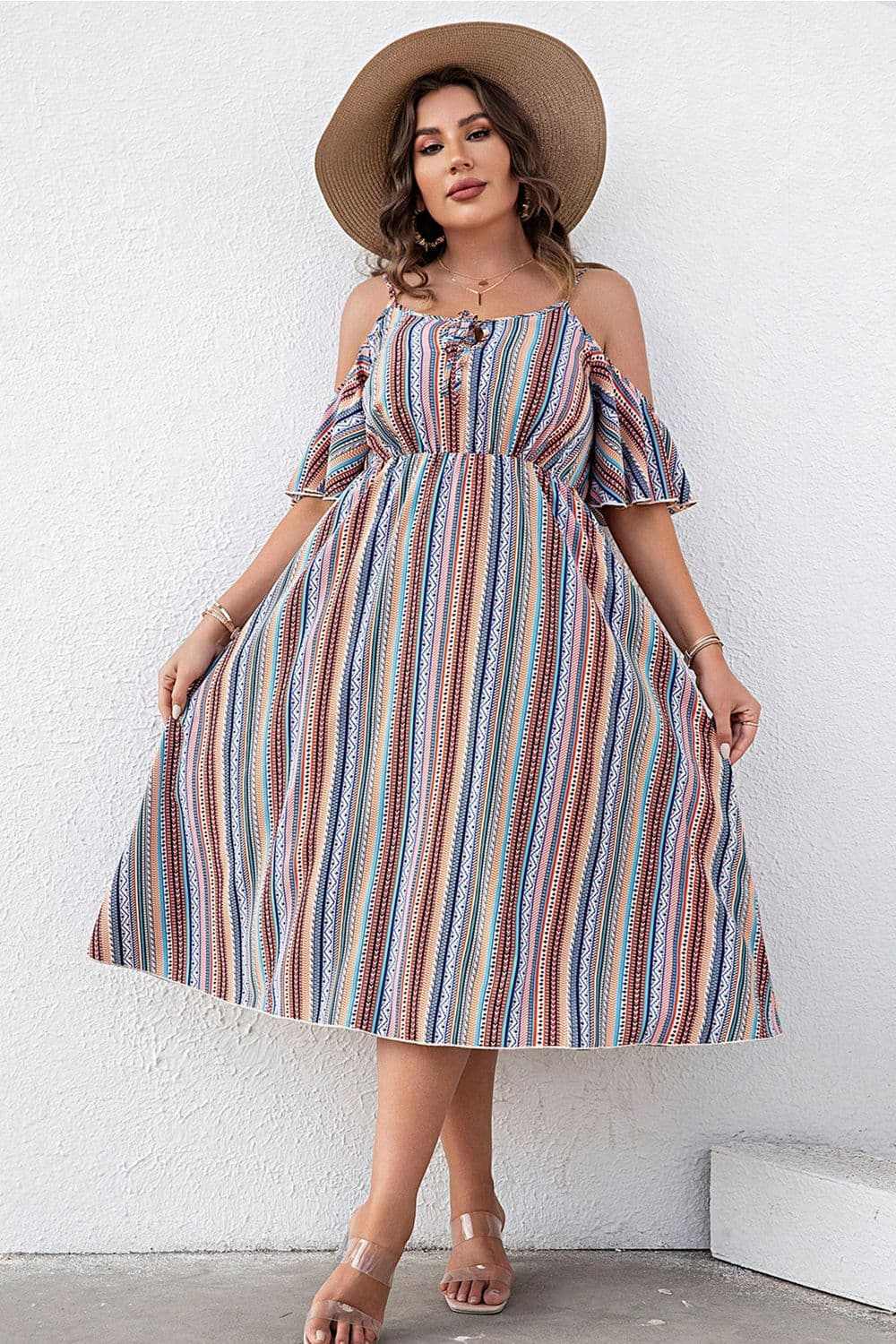 Plus Size Striped Cold - Shoulder Dress - Anne’s Candle Boutique