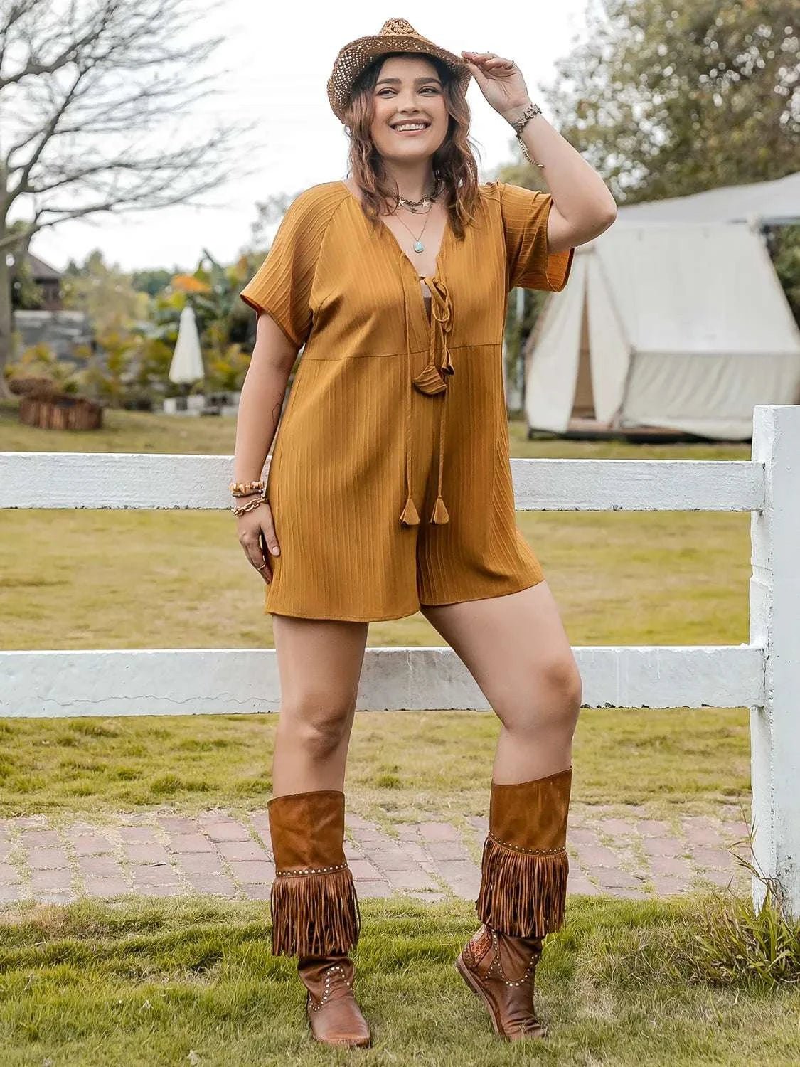 Plus Size V - Neck Short Sleeve Romper - Anne’s Candle Boutique