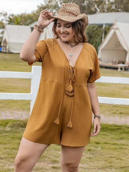 Plus Size V - Neck Short Sleeve Romper - Anne’s Candle Boutique