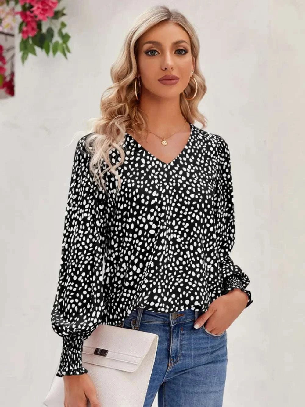 Printed V - Neck Lantern Sleeve Blouse - Anne’s Candle Boutique