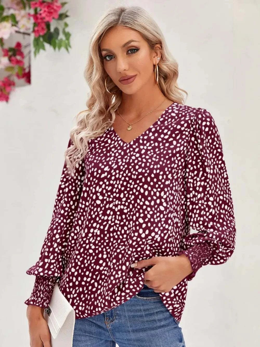 Printed V - Neck Lantern Sleeve Blouse - Anne’s Candle Boutique
