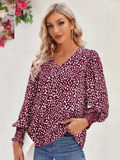 Printed V - Neck Lantern Sleeve Blouse - Anne’s Candle Boutique