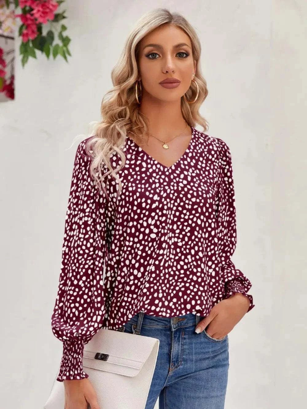 Printed V - Neck Lantern Sleeve Blouse - Anne’s Candle Boutique
