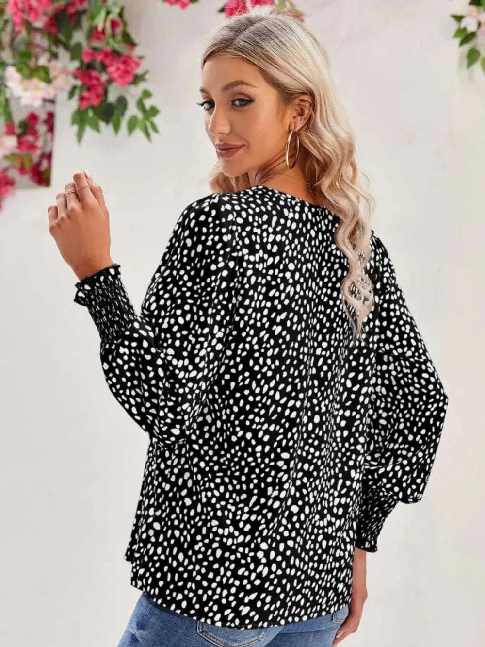 Printed V - Neck Lantern Sleeve Blouse - Anne’s Candle Boutique