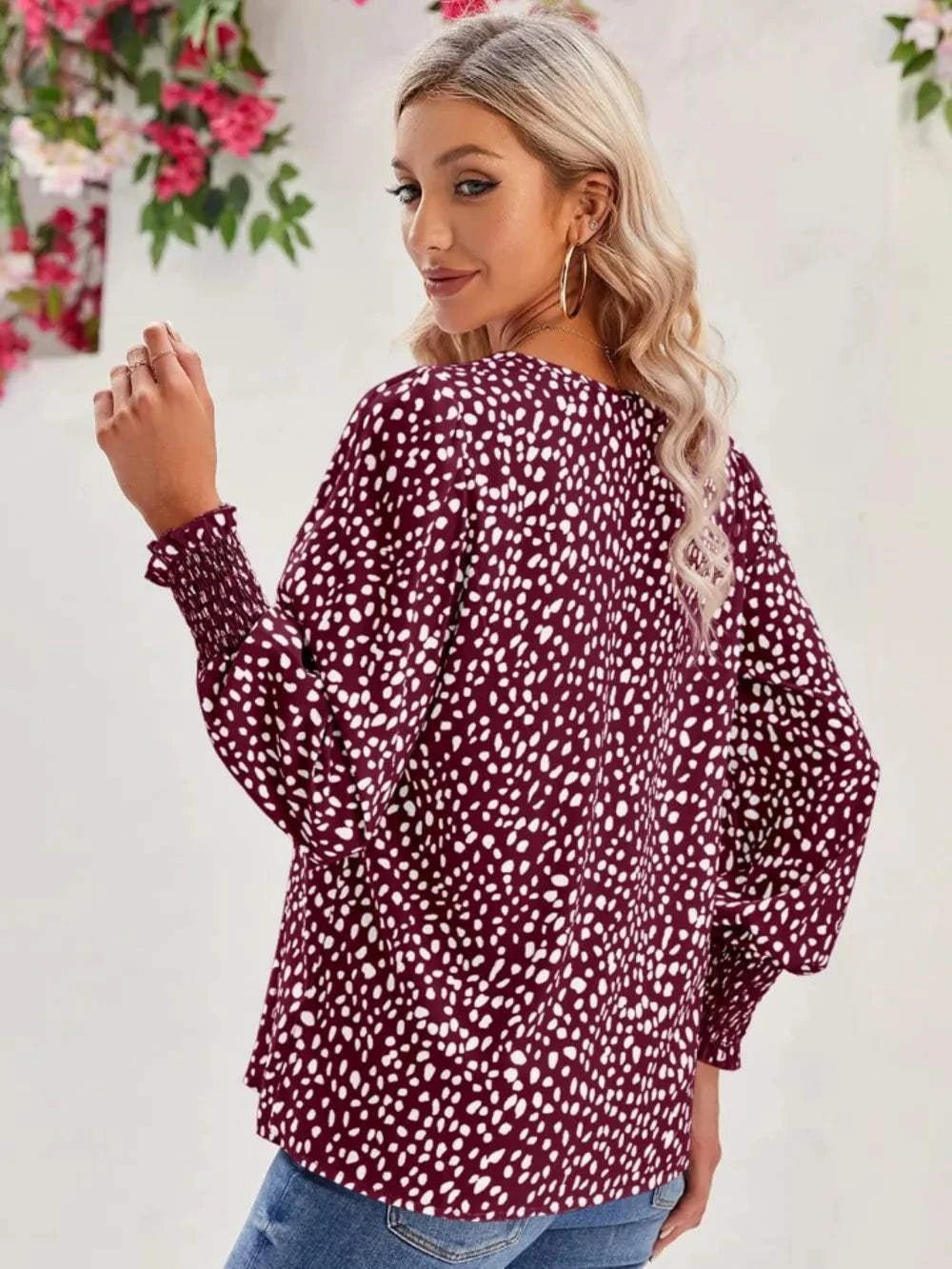 Printed V - Neck Lantern Sleeve Blouse - Anne’s Candle Boutique