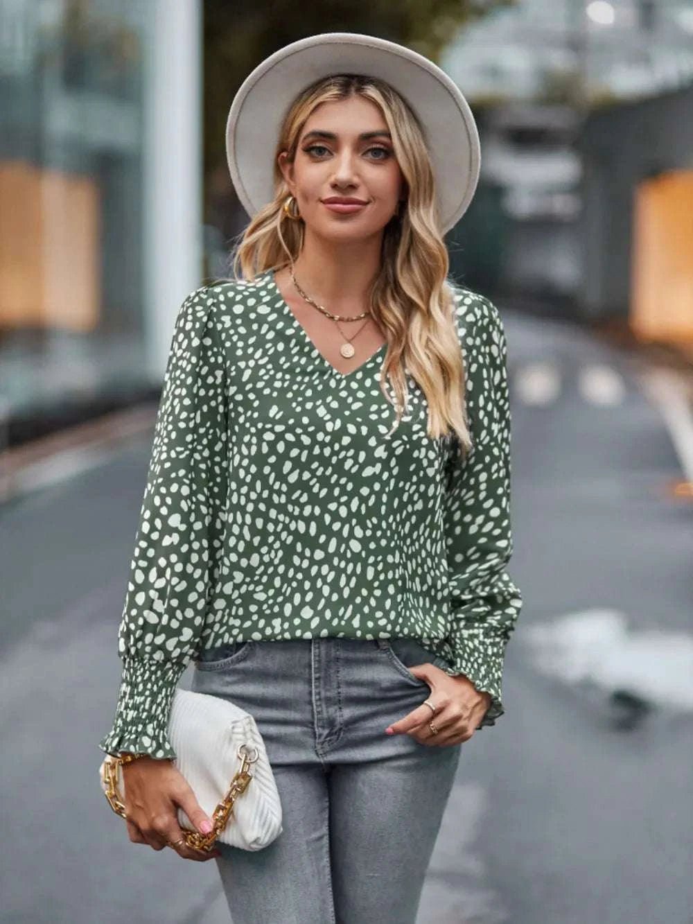 Printed V - Neck Lantern Sleeve Blouse - Anne’s Candle Boutique