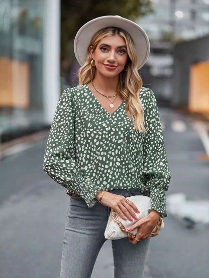 Printed V - Neck Lantern Sleeve Blouse - Anne’s Candle Boutique
