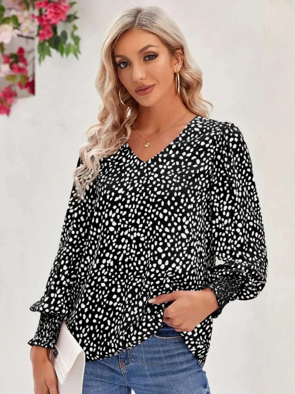 Printed V - Neck Lantern Sleeve Blouse - Anne’s Candle Boutique
