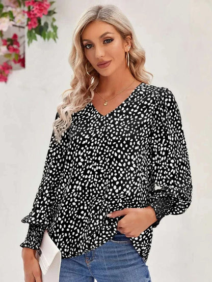 Printed V - Neck Lantern Sleeve Blouse - Anne’s Candle Boutique