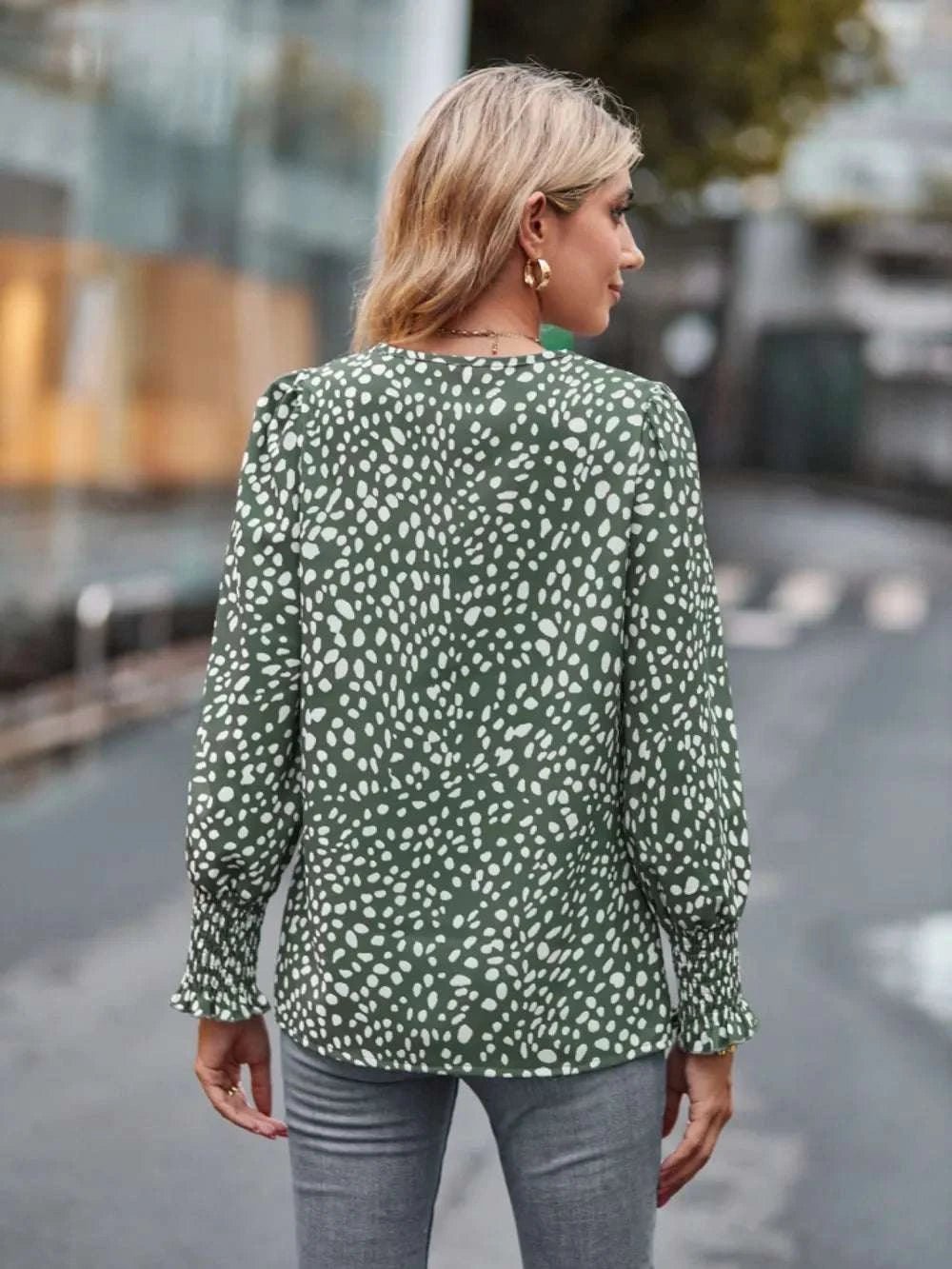 Printed V - Neck Lantern Sleeve Blouse - Anne’s Candle Boutique