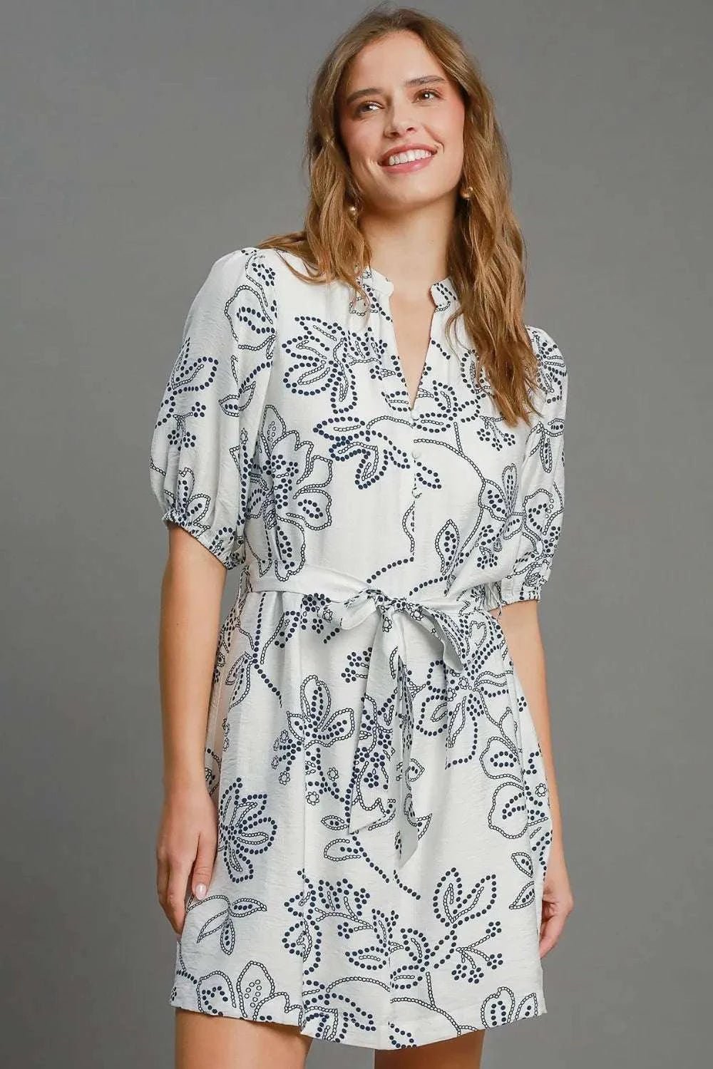 Umgee Full Size Floral Print Notched Puff Sleeve Mini Dress Plus Size - Anne’s Candle Boutique