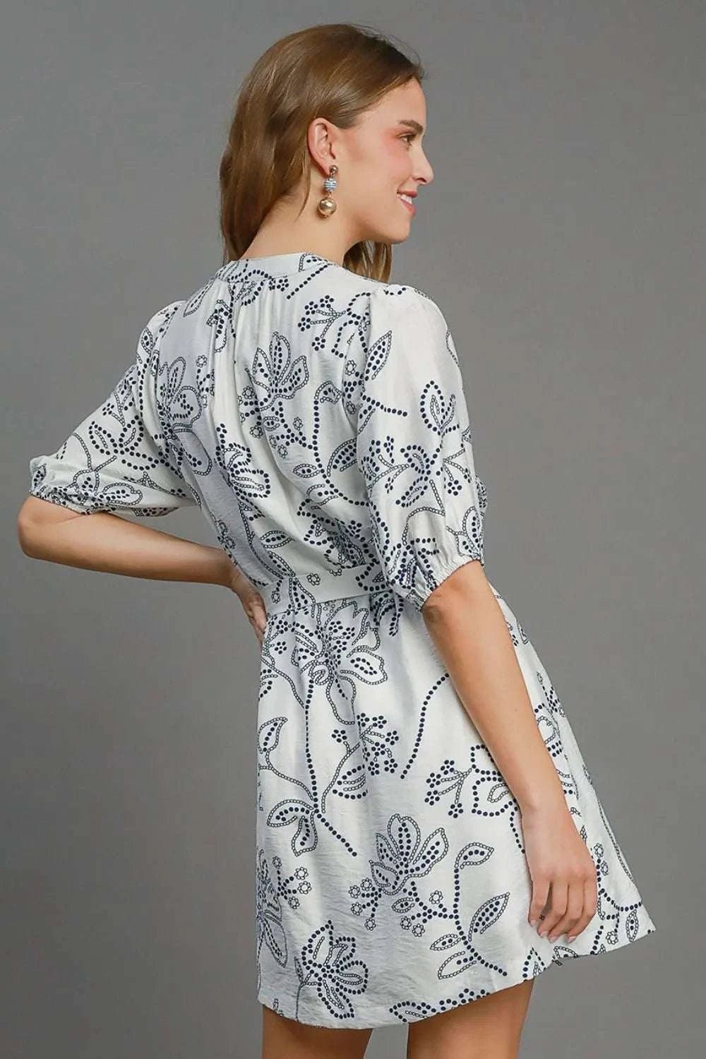 Umgee Full Size Floral Print Notched Puff Sleeve Mini Dress Plus Size - Anne’s Candle Boutique