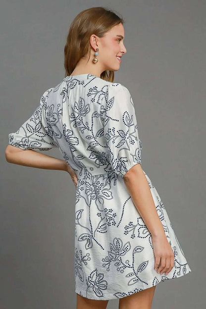 Umgee Full Size Floral Print Notched Puff Sleeve Mini Dress Plus Size - Anne’s Candle Boutique