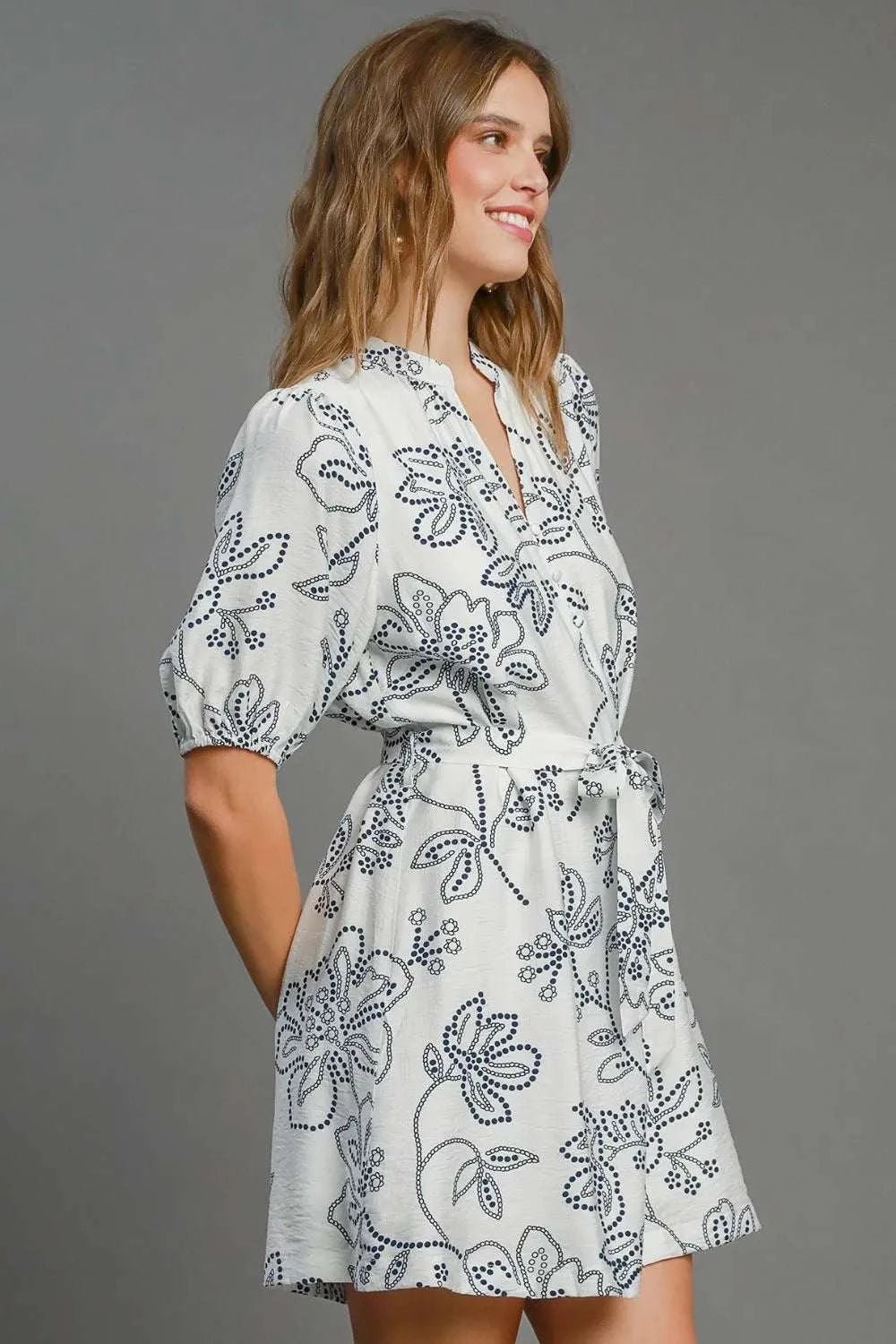 Umgee Full Size Floral Print Notched Puff Sleeve Mini Dress Plus Size - Anne’s Candle Boutique