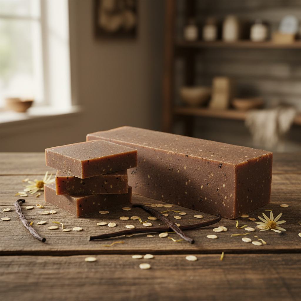 Three bars of brown soap on a wooden surface with vanilla beans and flowers.