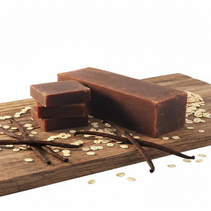 Three pieces of chocolate soap on a wooden board with vanilla beans and oats.