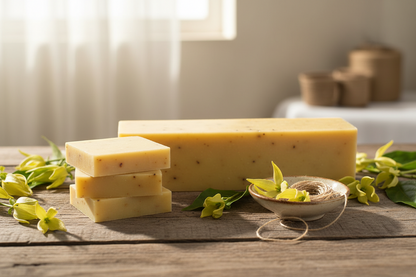 Three bars of soap on a wooden surface with green leaves and a soft light background