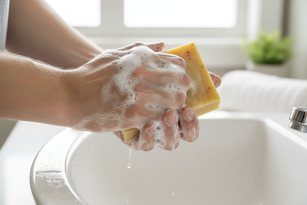 Person washing hands with soap in a sink